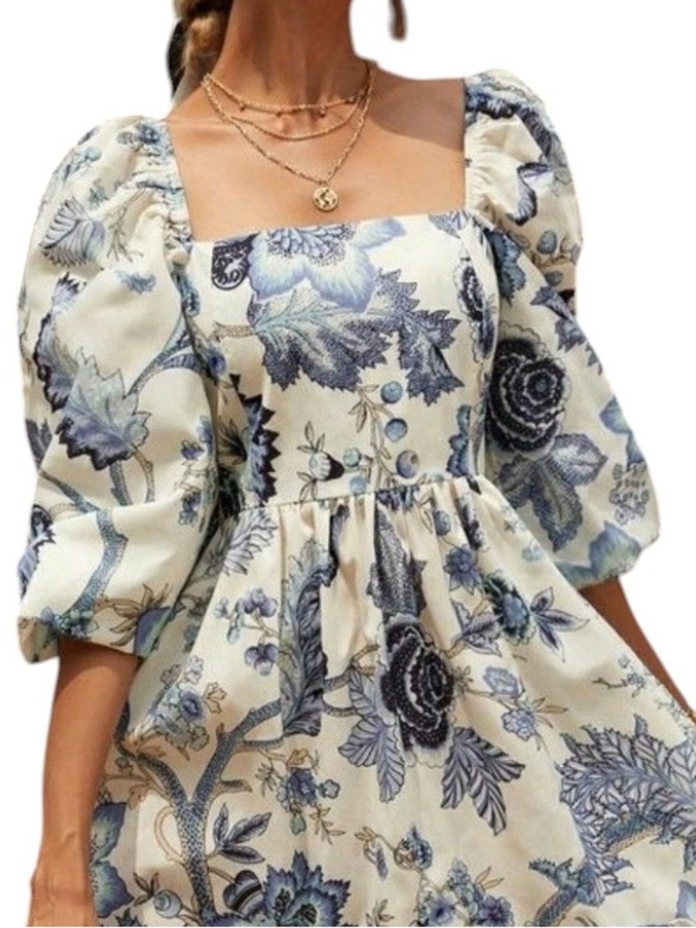 Cara Cara Blue & Cream Floral Square-Neck Midi Dress puff sleeve ruffle hem 2 - Picture 3 of 14